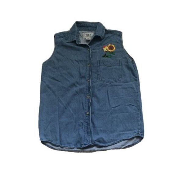 Tops - Vintage Tweety Bird Looney Tunes Sleeveless Jean Denim Shirt Medium Vision 1